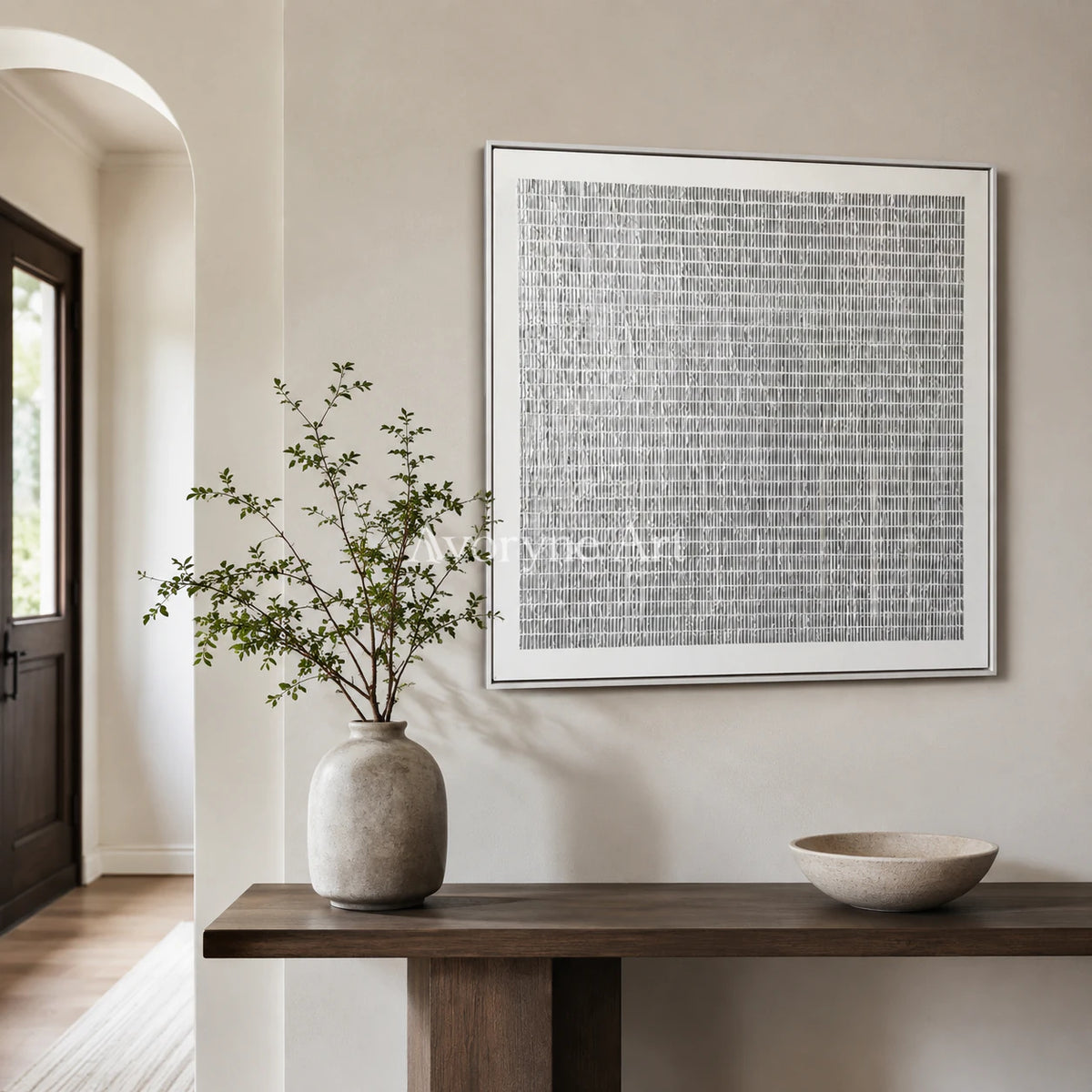 Woven Quiet: Gray Linear Minimalist Square Wall Art - entryway silver frame