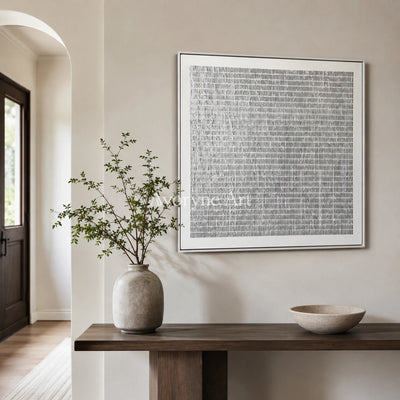 Woven Quiet: Gray Linear Minimalist Square Wall Art - entryway silver frame