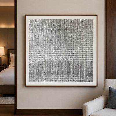 Woven Quiet: Gray Linear Minimalist Square Wall Art - hotel wood frame