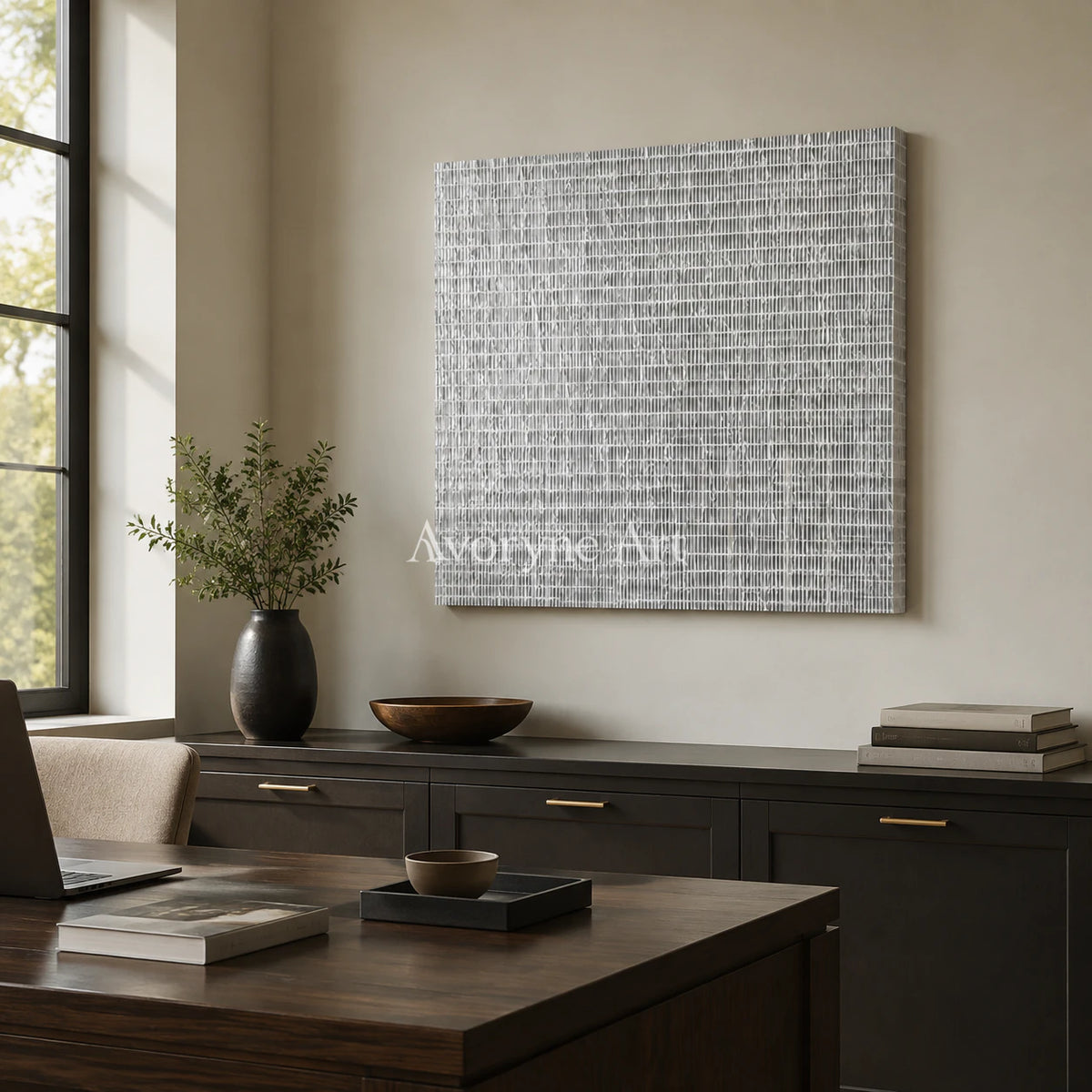 Woven Quiet: Gray Linear Minimalist Square Wall Art - office frameless