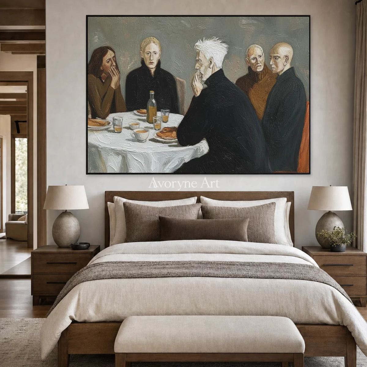 At the Quiet Table: Gray Men at Dinner Figurative Wall Art — bedroom black