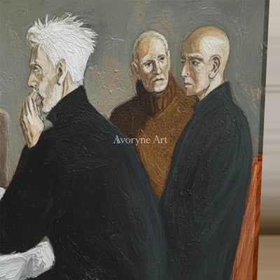 At the Quiet Table: Gray Men at Dinner Figurative Wall Art — detail easel