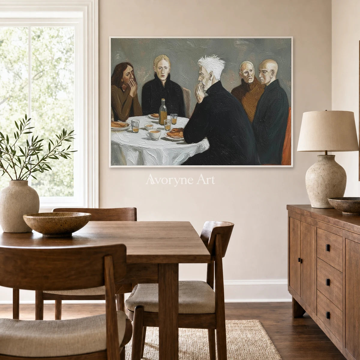 At the Quiet Table: Gray Men at Dinner Figurative Wall Art — dining white