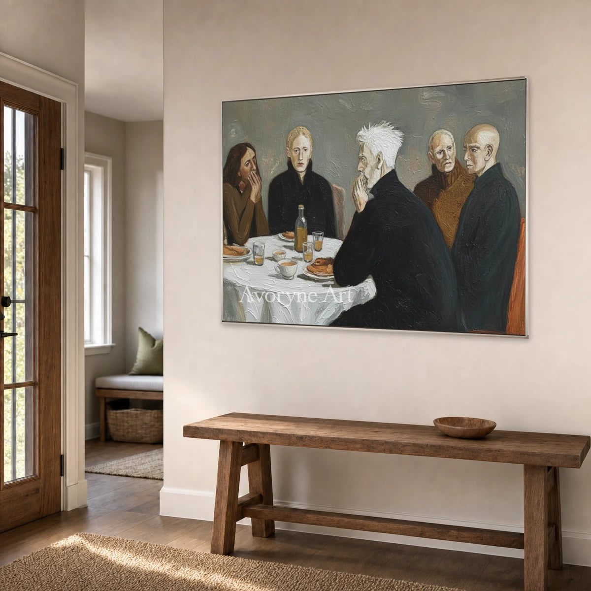 At the Quiet Table: Gray Men at Dinner Figurative Wall Art — entry silver