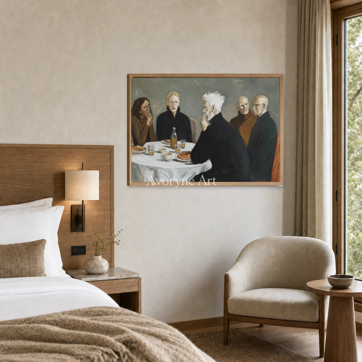 At the Quiet Table: Gray Men at Dinner Figurative Wall Art — hotel wood