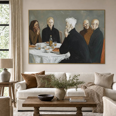 At the Quiet Table: Gray Men at Dinner Figurative Wall Art — living gold