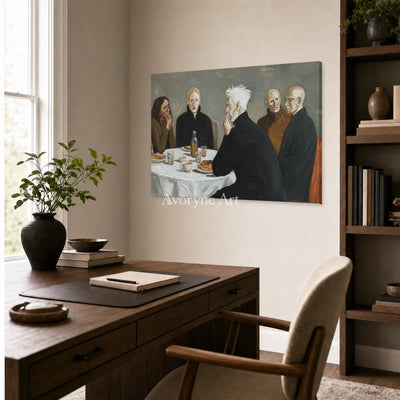 At the Quiet Table: Gray Men at Dinner Figurative Wall Art — office frameless