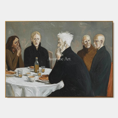 At the Quiet Table: Gray Men at Dinner Figurative Wall Art — primary
