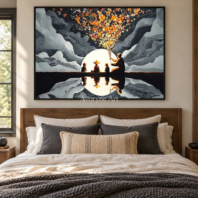 Blossoms Before the Moon: Gray Moonlit Figures and Reflection Wall Art — bedroom black