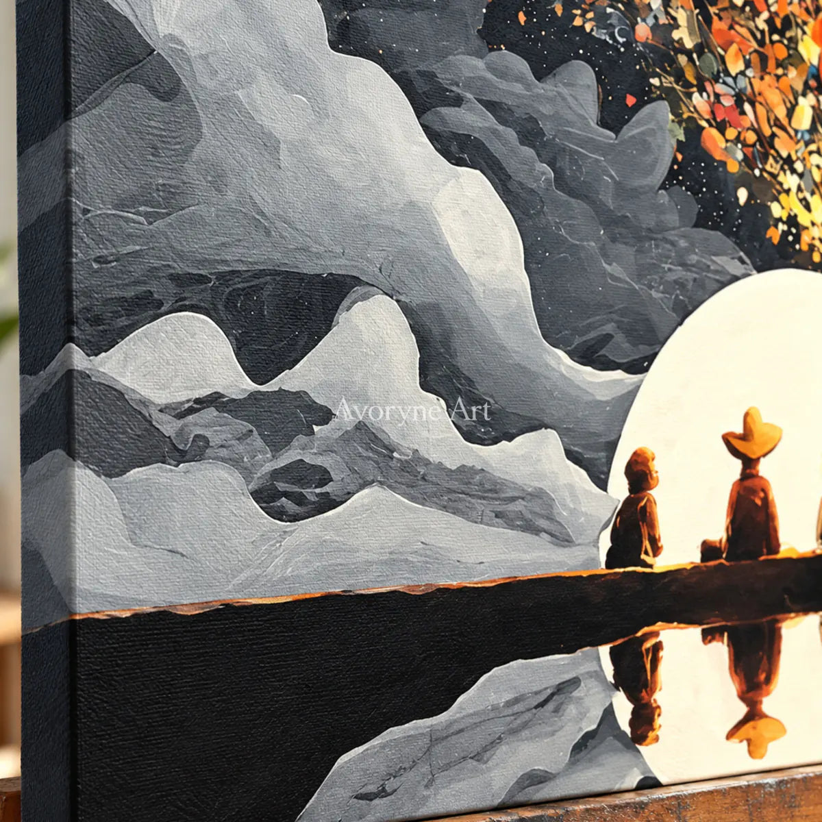 Blossoms Before the Moon: Gray Moonlit Figures and Reflection Wall Art — detail easel