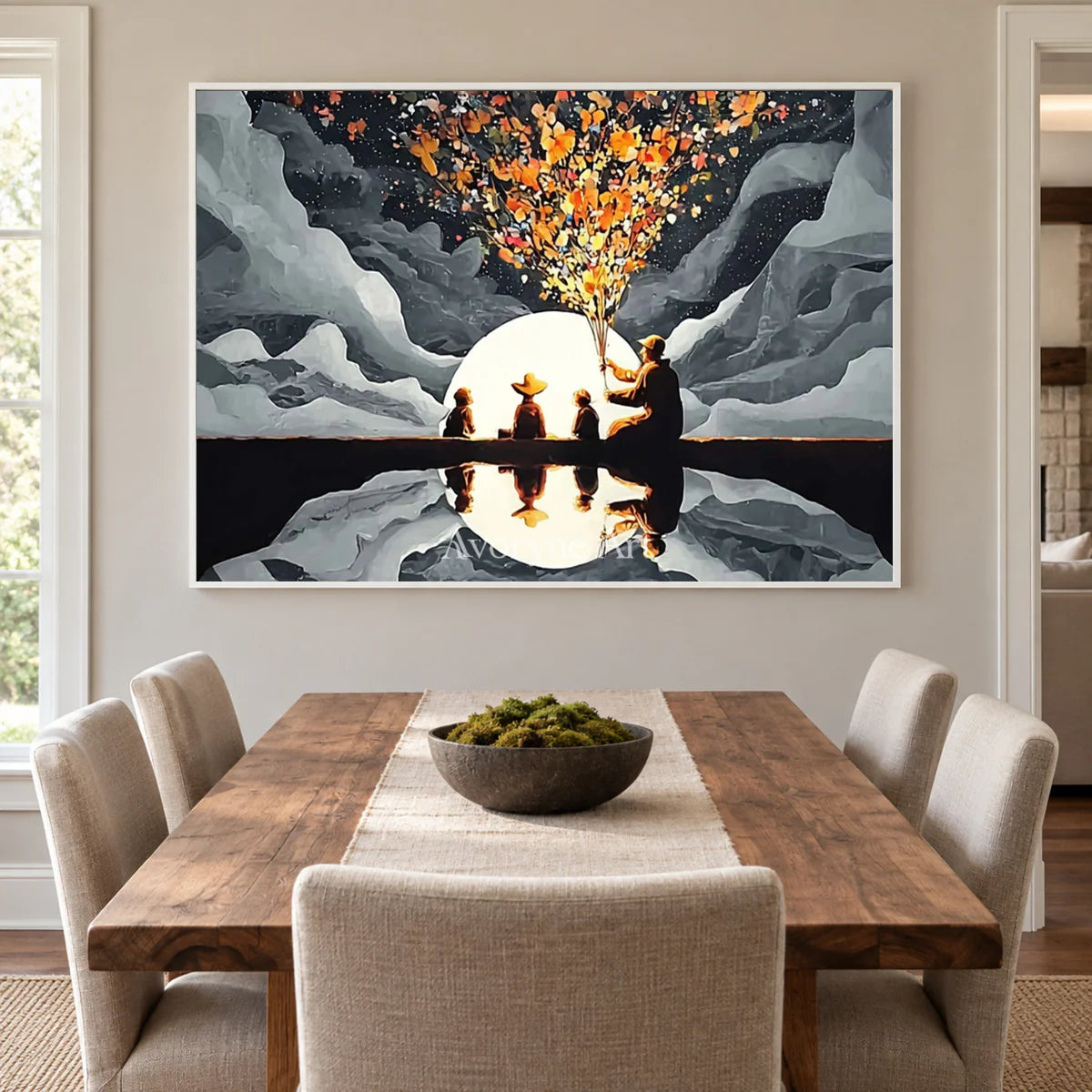 Blossoms Before the Moon: Gray Moonlit Figures and Reflection Wall Art — dining white