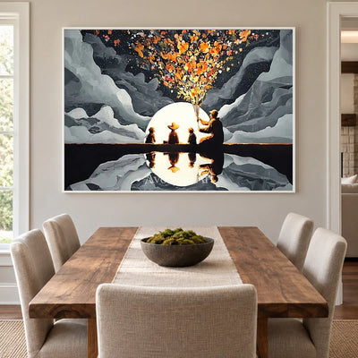 Blossoms Before the Moon: Gray Moonlit Figures and Reflection Wall Art — dining white