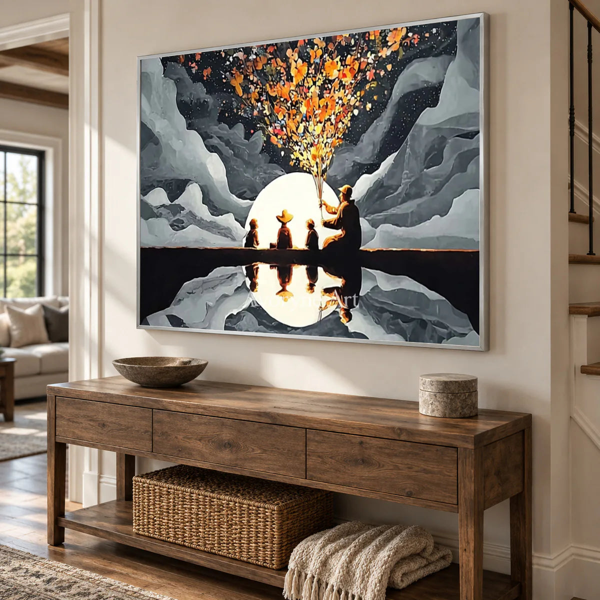 Blossoms Before the Moon: Gray Moonlit Figures and Reflection Wall Art — entry silver