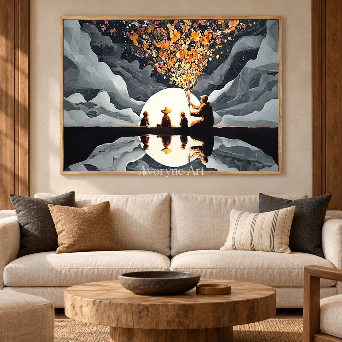 Blossoms Before the Moon: Gray Moonlit Figures and Reflection Wall Art — hotel wood