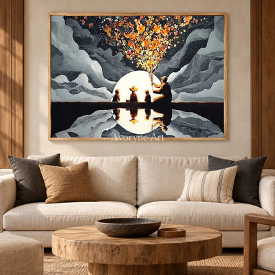 Blossoms Before the Moon: Gray Moonlit Figures and Reflection Wall Art — hotel wood