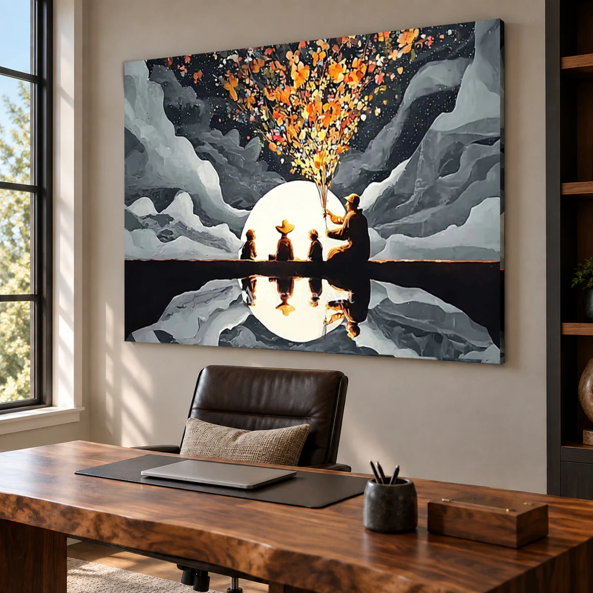 Blossoms Before the Moon: Gray Moonlit Figures and Reflection Wall Art — office frameless