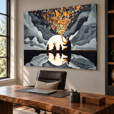 Blossoms Before the Moon: Gray Moonlit Figures and Reflection Wall Art — office frameless