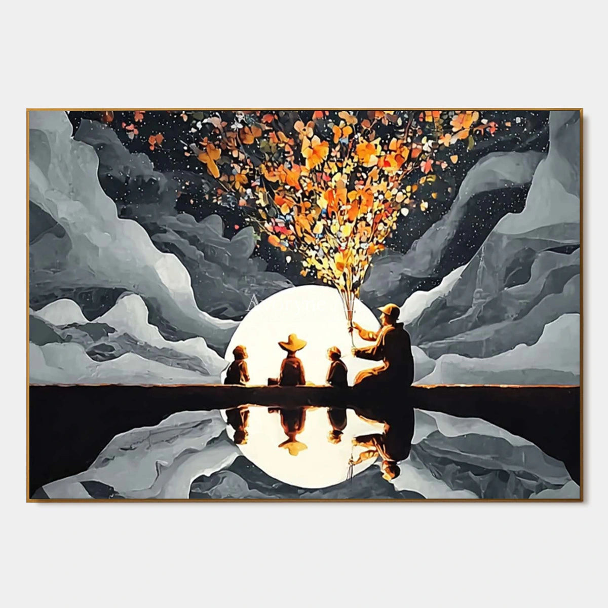 Blossoms Before the Moon: Gray Moonlit Figures and Reflection Wall Art — primary