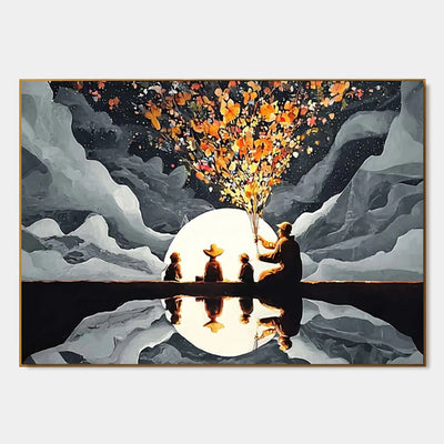 Blossoms Before the Moon: Gray Moonlit Figures and Reflection Wall Art — primary