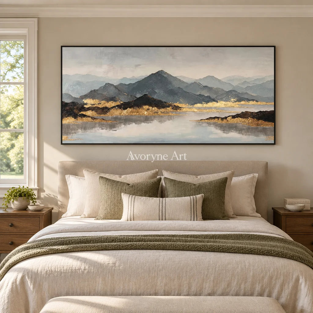 Aster Bay: Gray Mountain Lake Art — bedroom black