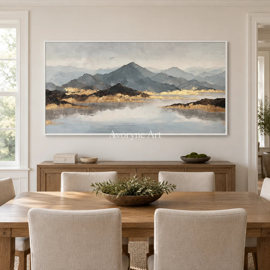 Aster Bay: Gray Mountain Lake Art — dining white