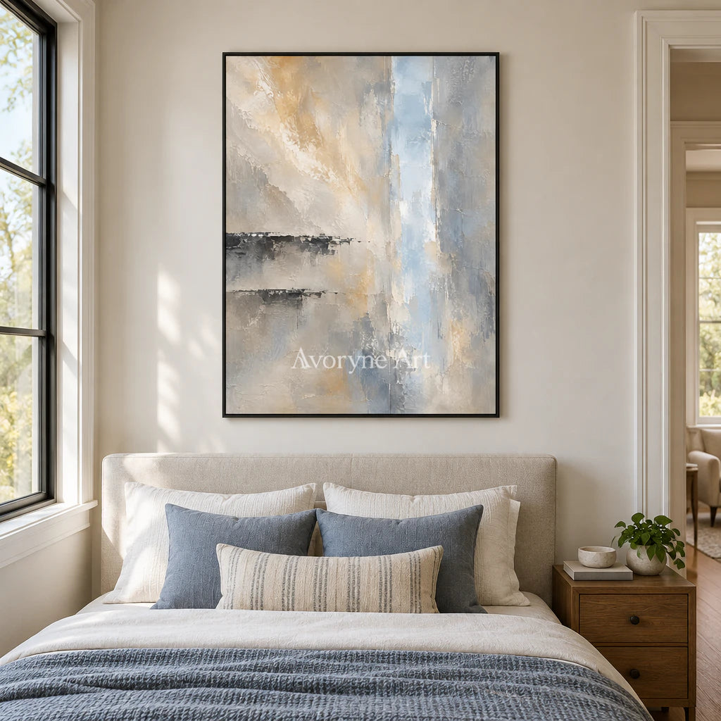 Veiled Blue: Gray Neutral Abstract Landscape Wall Art — bedroom black