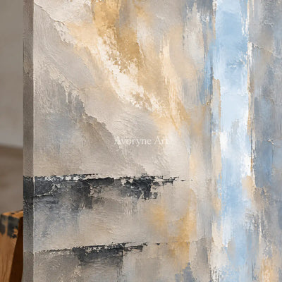 Veiled Blue: Gray Neutral Abstract Landscape Wall Art — detail easel
