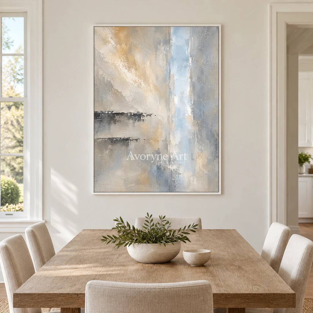 Veiled Blue: Gray Neutral Abstract Landscape Wall Art — dining white