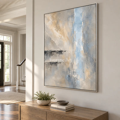 Veiled Blue: Gray Neutral Abstract Landscape Wall Art — entry silver