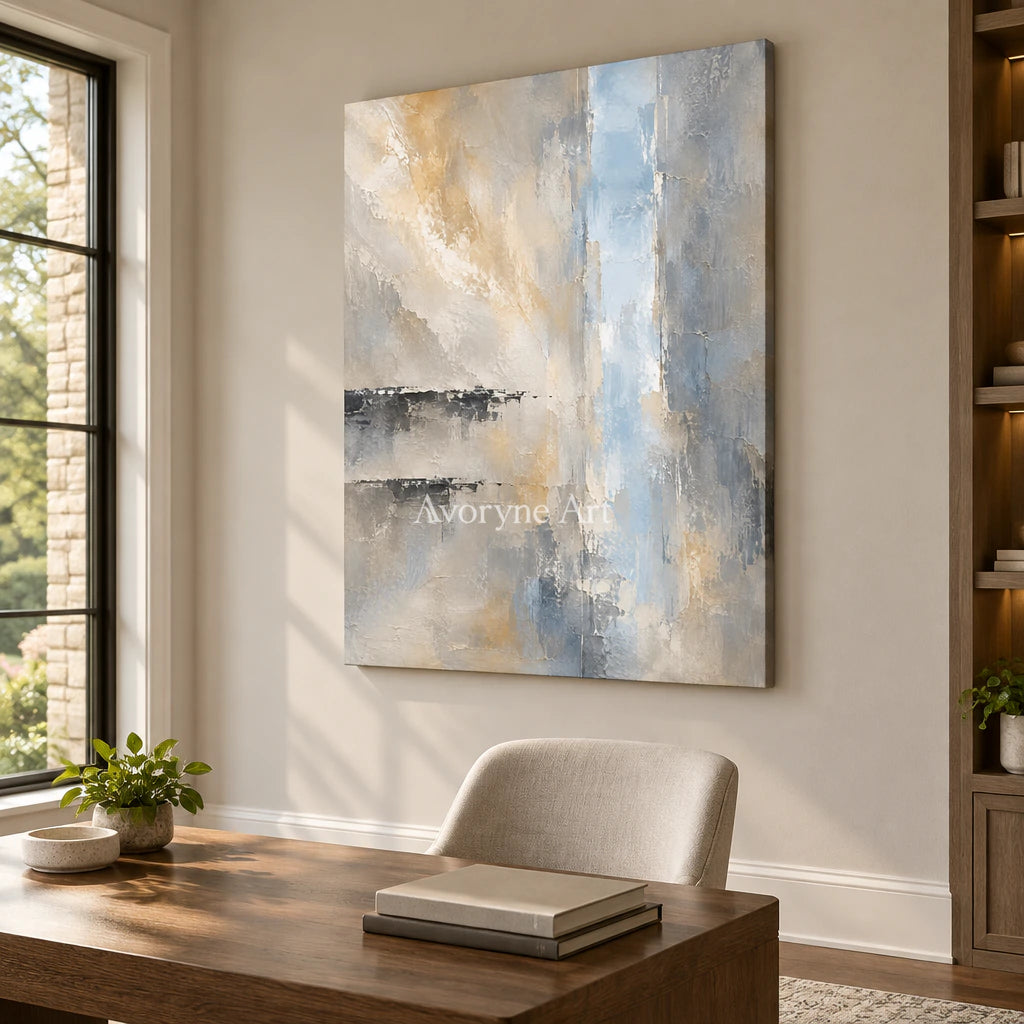 Veiled Blue: Gray Neutral Abstract Landscape Wall Art — office frameless