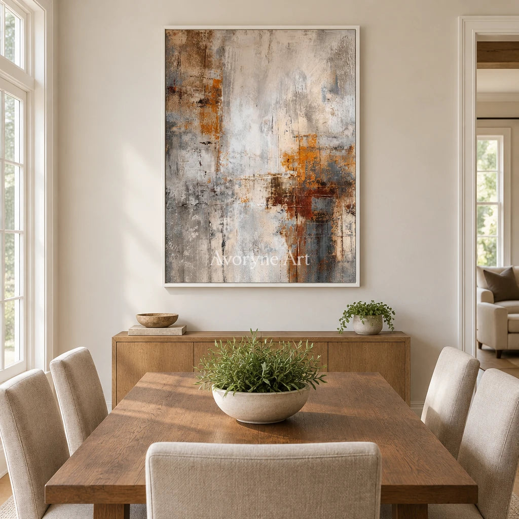 Aster Meadow: Gray Ochre Abstract — dining white
