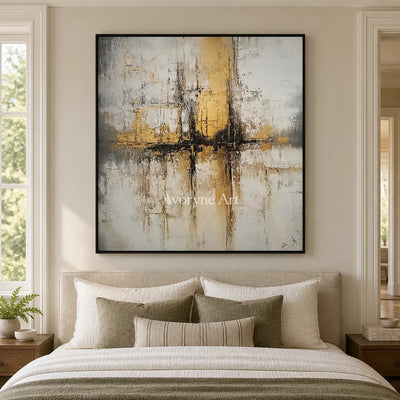 Aster Radiance: Gray Ochre Abstract — bedroom black