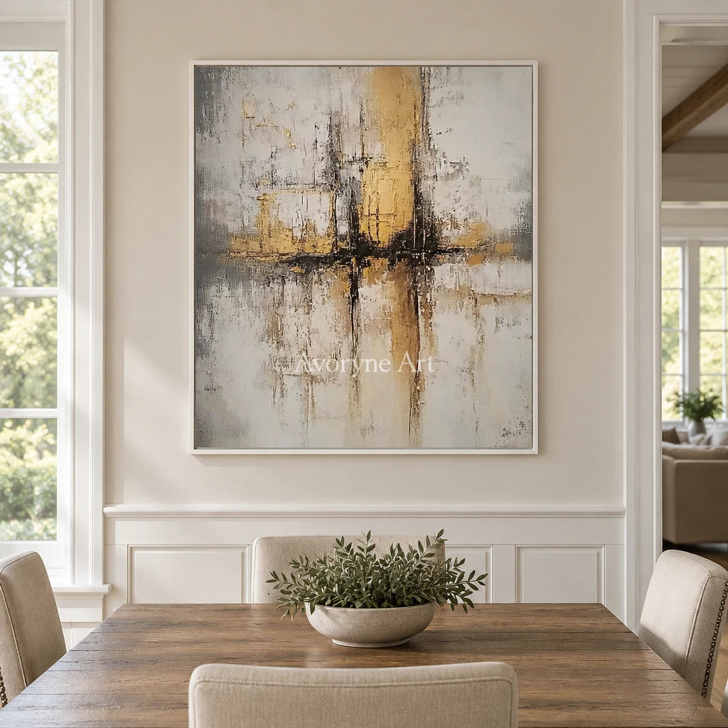 Aster Radiance: Gray Ochre Abstract — dining white