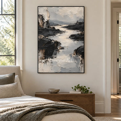Riven Valley: Gray River Landscape Art — bedroom black