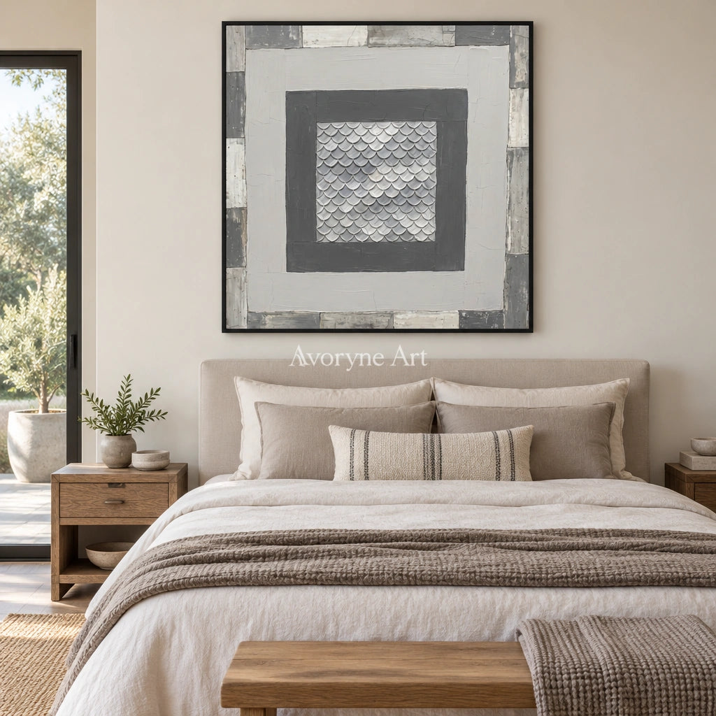 Hushed Echo gray scale relief wall art with a black frame above a bed in a bedroom