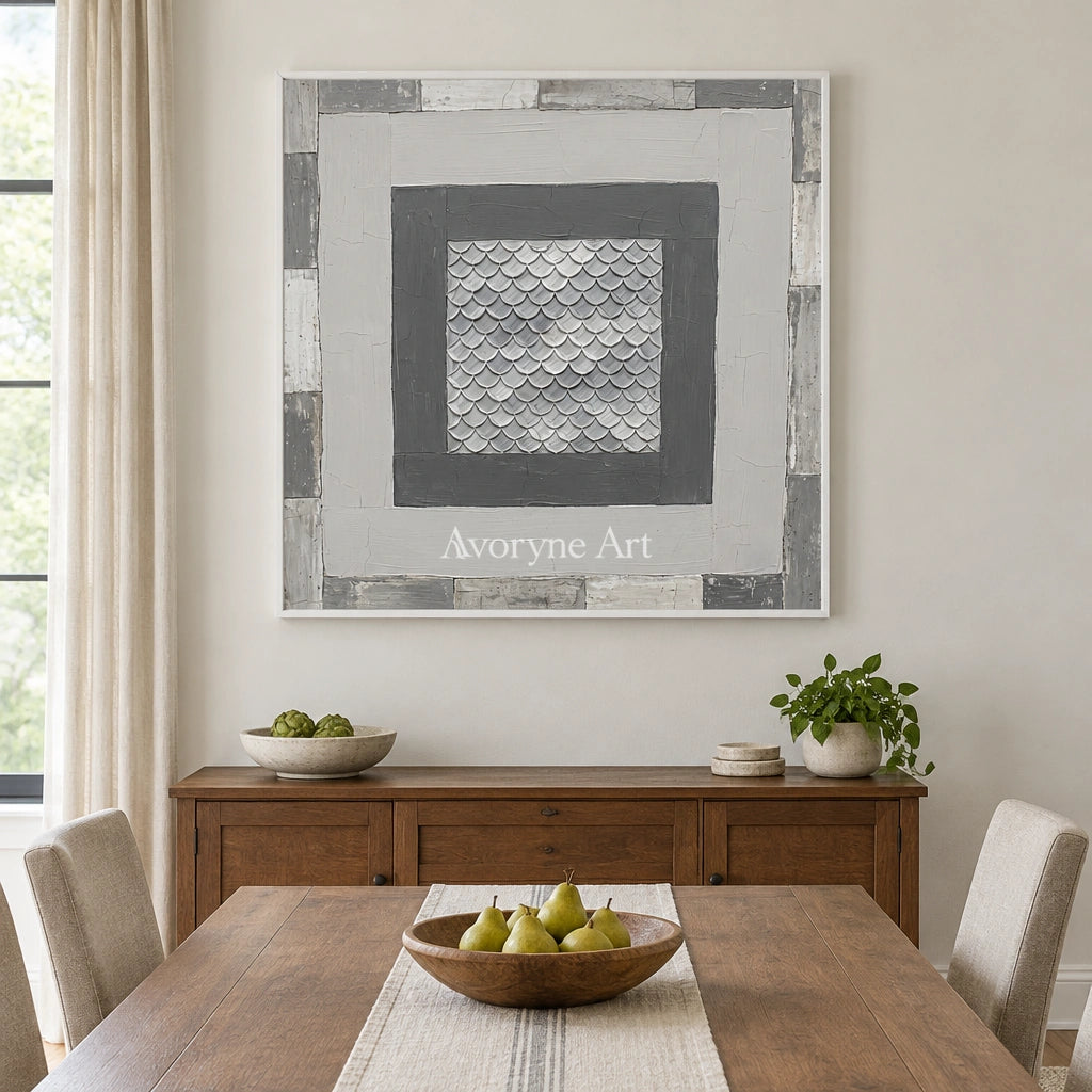 Hushed Echo gray scale relief wall art with a white frame in a dining room