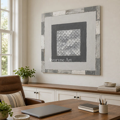 Hushed Echo gray scale relief wall art as a frameless stretched canvas in a home office