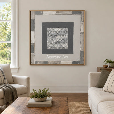 Hushed Echo gray scale relief wall art with a wood frame in a villa living space