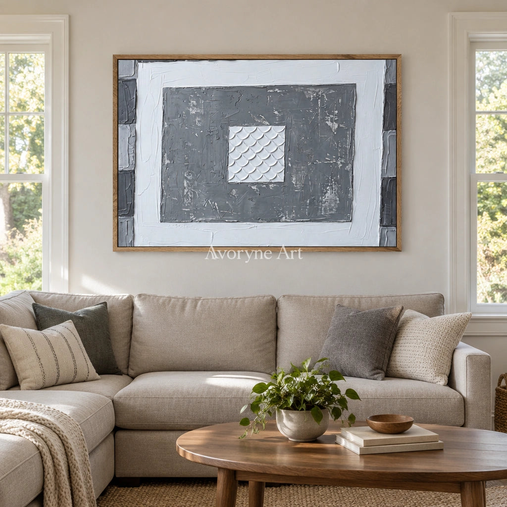 Hushed Mosaic gray scale relief wall art with a wood frame in a villa living space