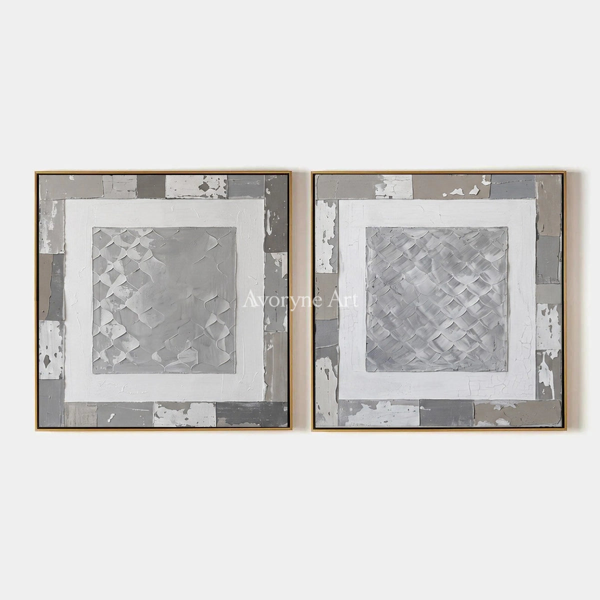 Soft Haven, hand-painted gray scale relief diptych by Lin Qiao