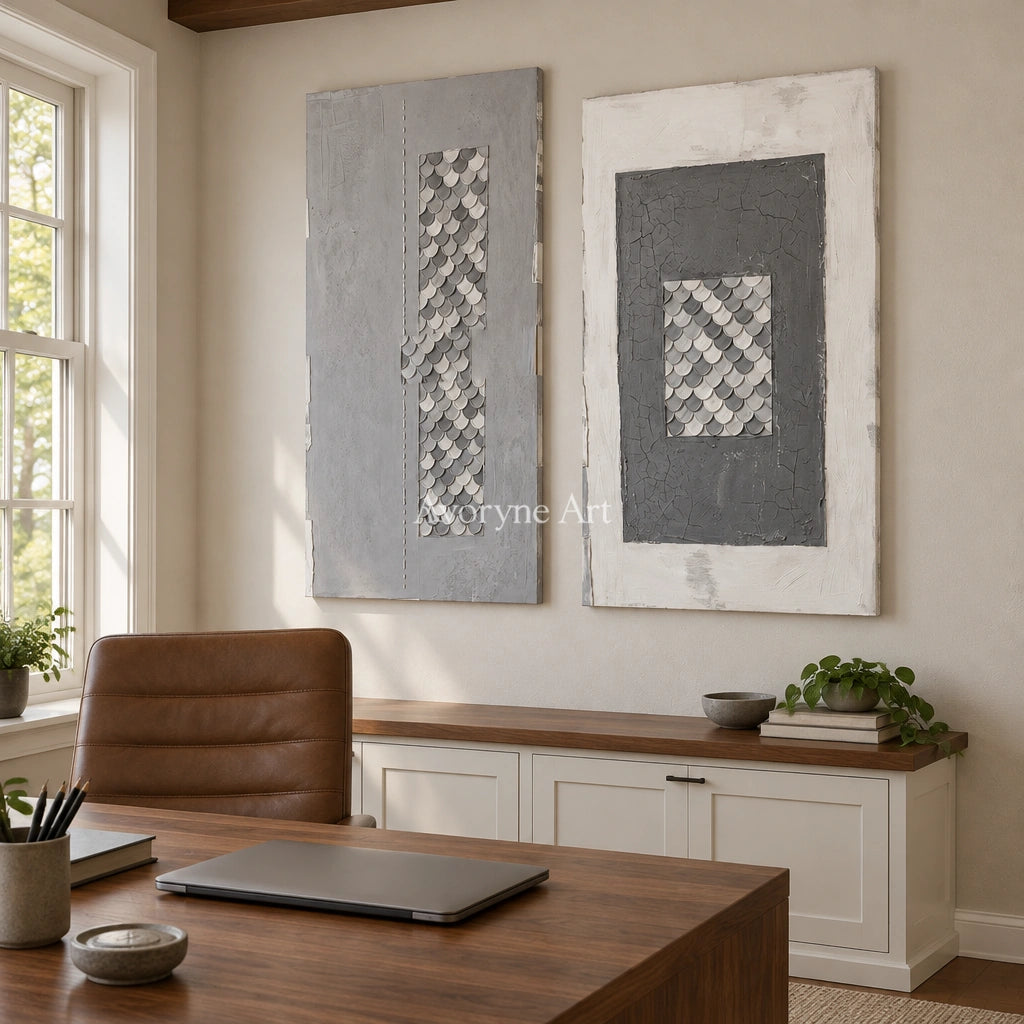 Hushed Reverie gray scale relief diptych as a frameless stretched canvas in a home office
