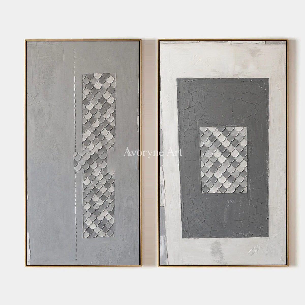 Hushed Reverie, hand-painted gray scale relief diptych by Lin Qiao