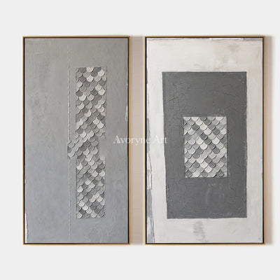 Hushed Reverie, hand-painted gray scale relief diptych by Lin Qiao
