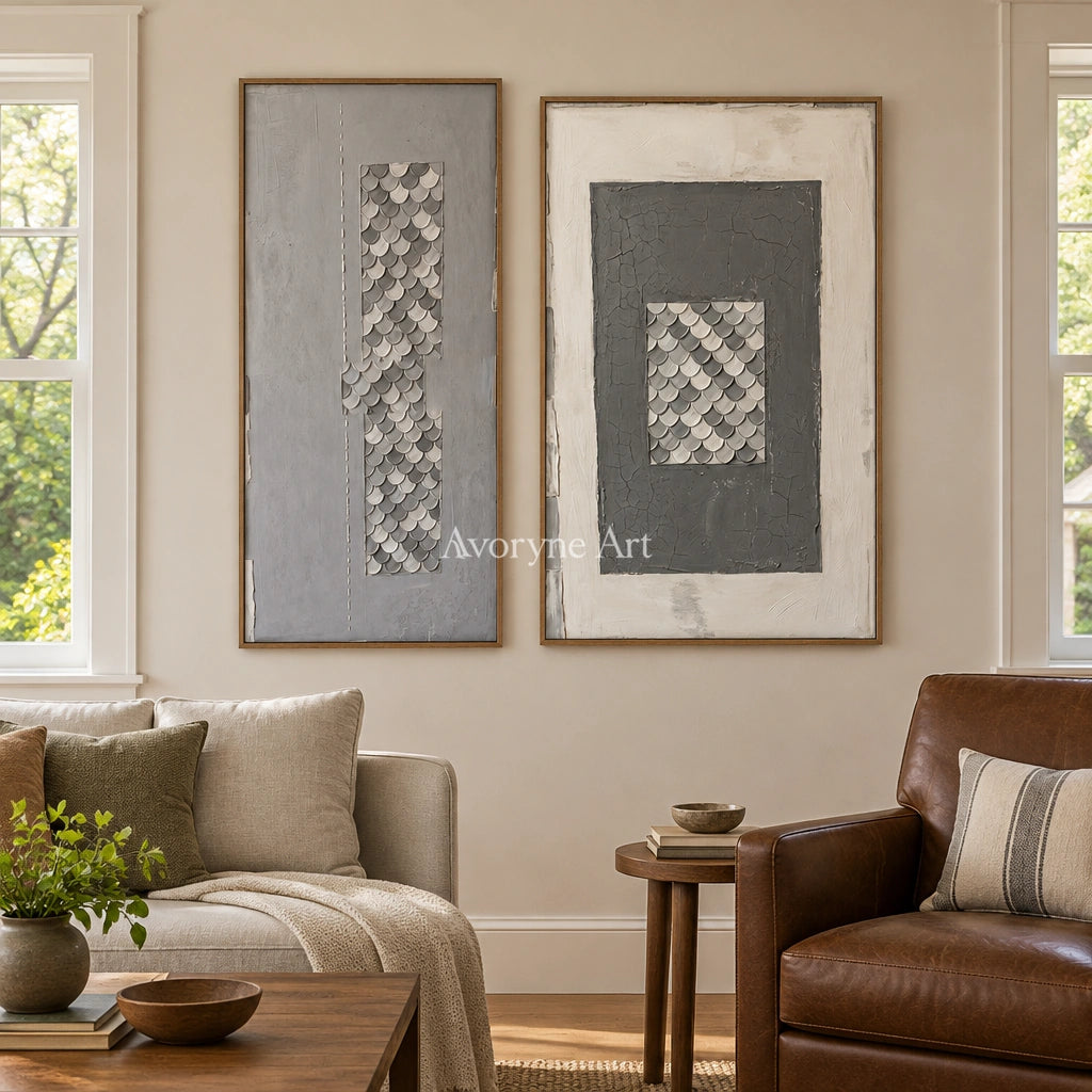 Hushed Reverie gray scale relief diptych with a wood frame in a villa living space