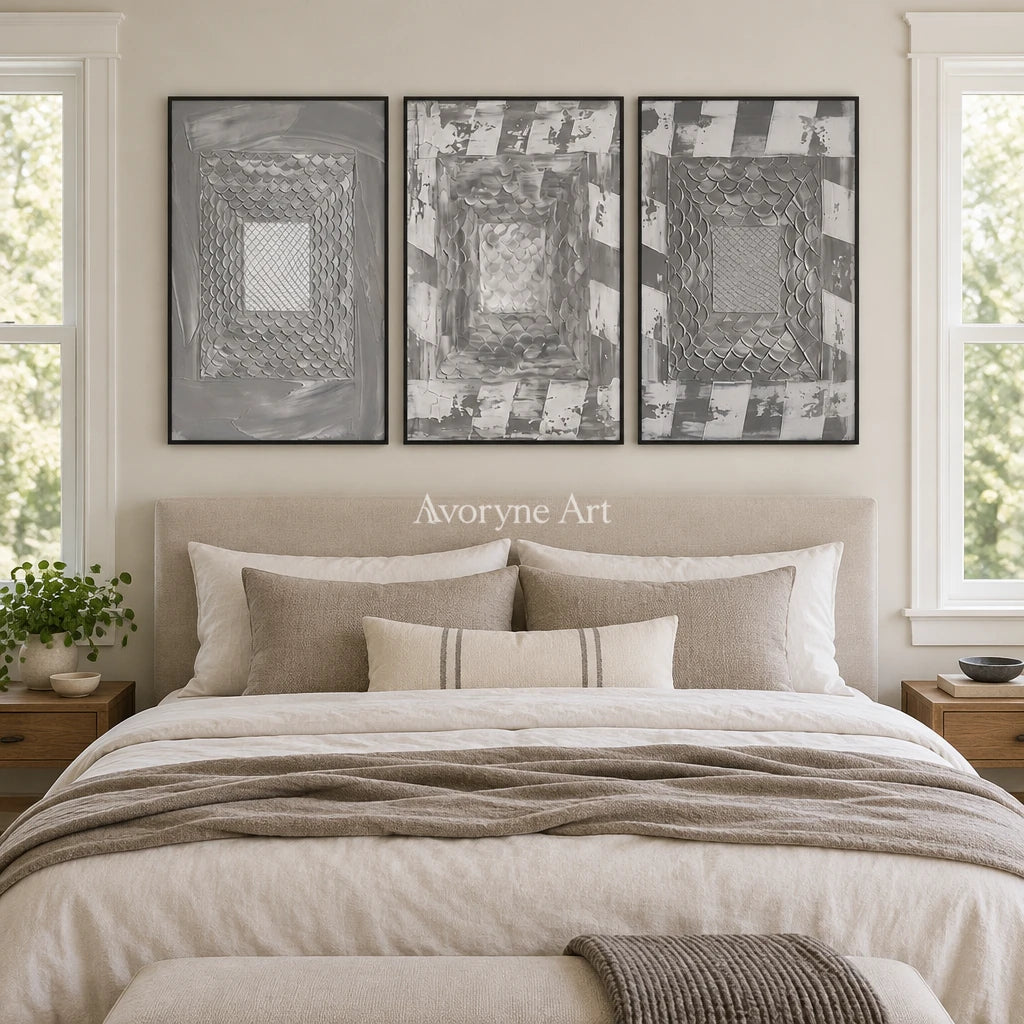 Hushed Passage gray scale relief triptych with a black frame above a bed in a bedroom
