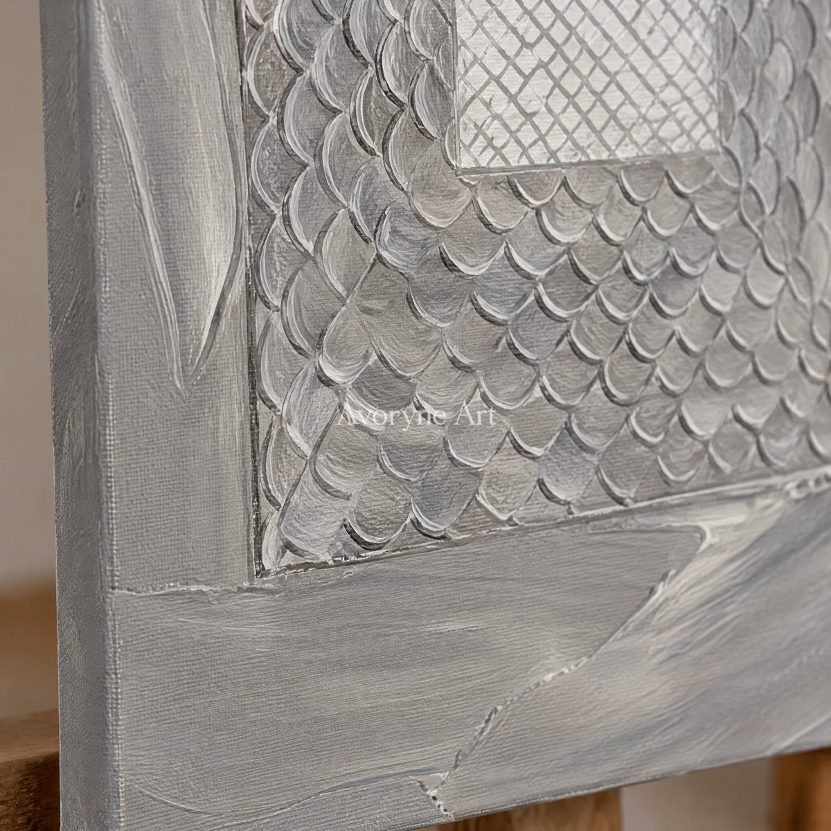 Close-up of the hand-painted texture of Hushed Passage gray scale relief triptych on an easel