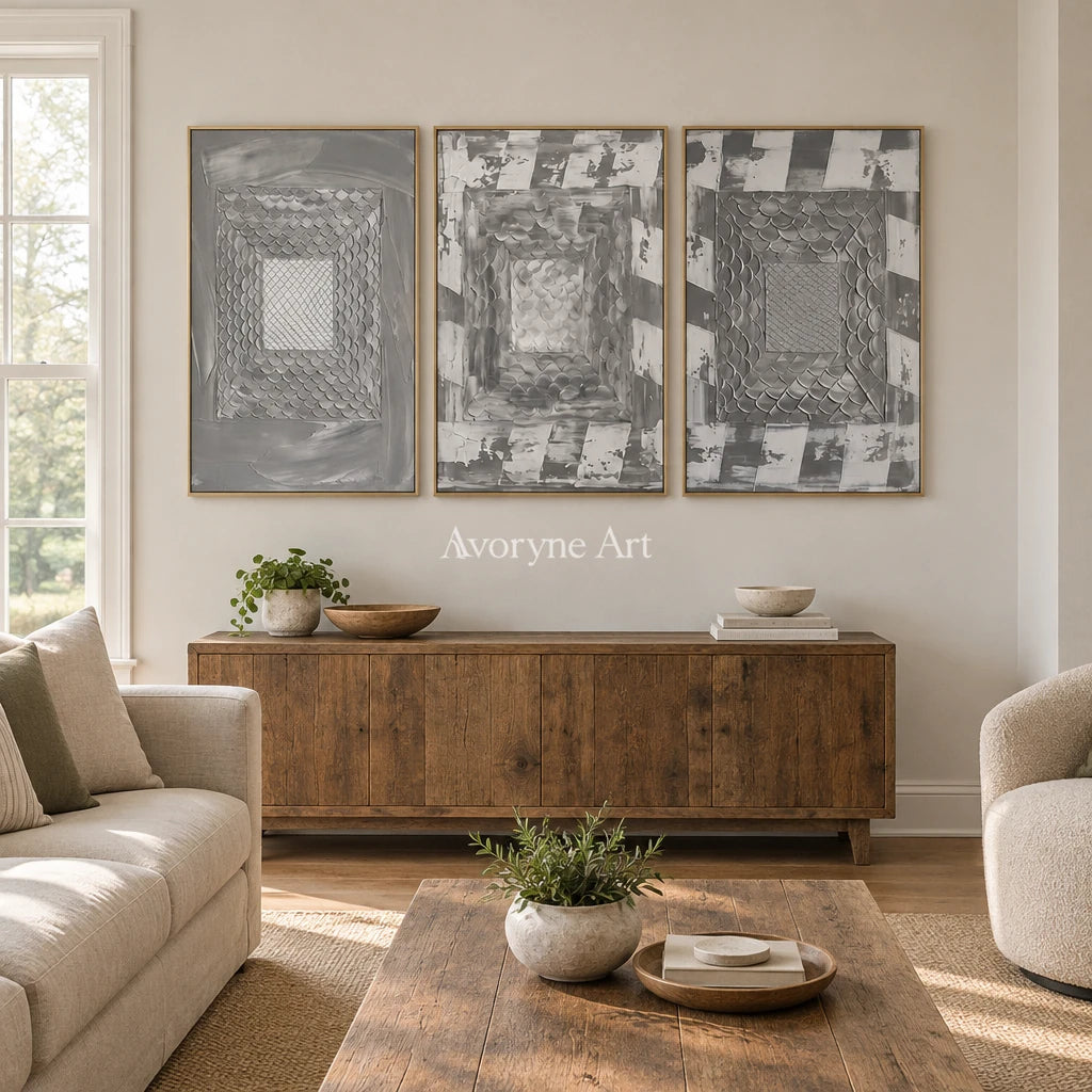 Hushed Passage gray scale relief triptych with a gold frame hanging in a living room
