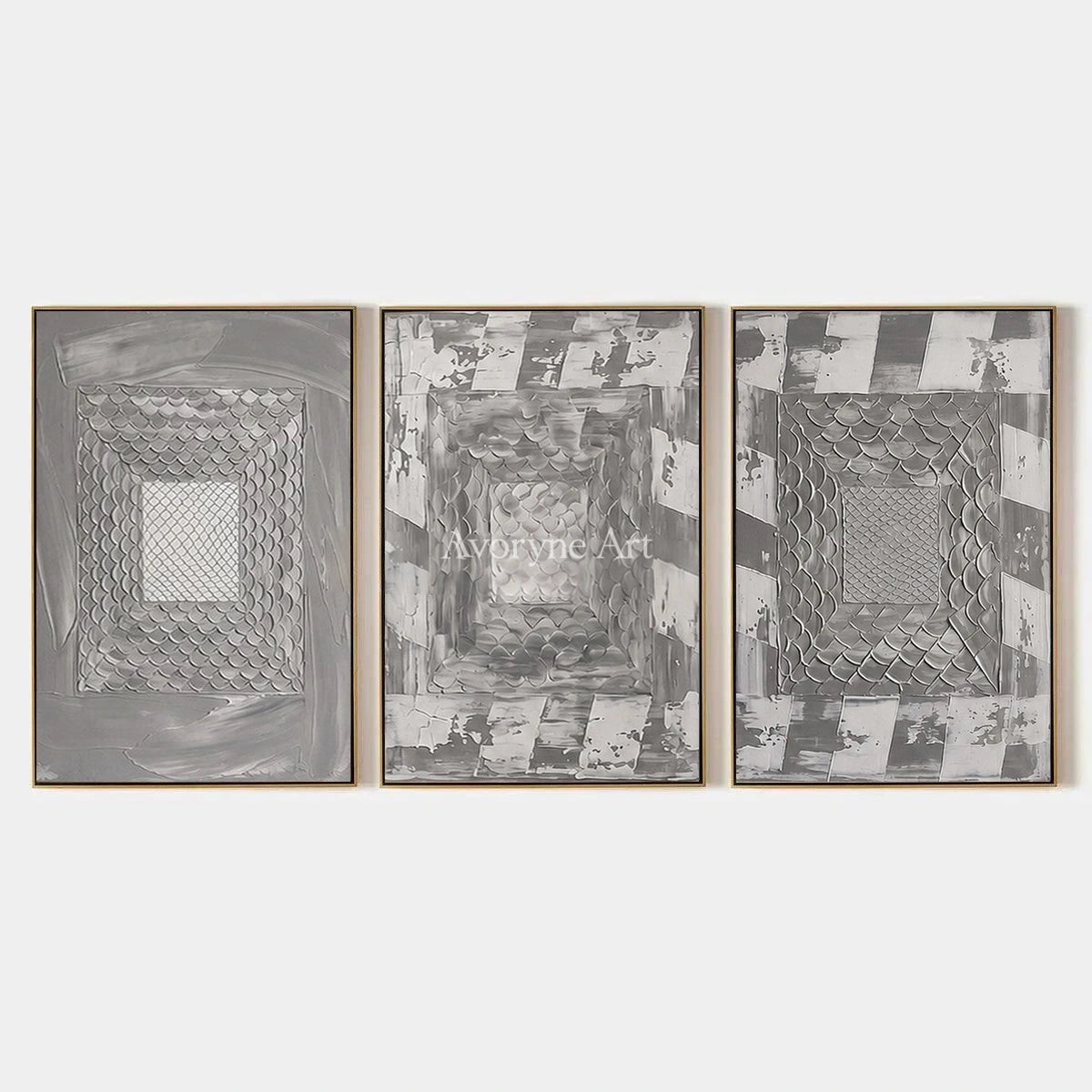 Hushed Passage, hand-painted gray scale relief triptych by Lin Qiao