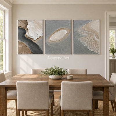 Coastal Fragments: Gray Shore Triptych Wall Art — dining white