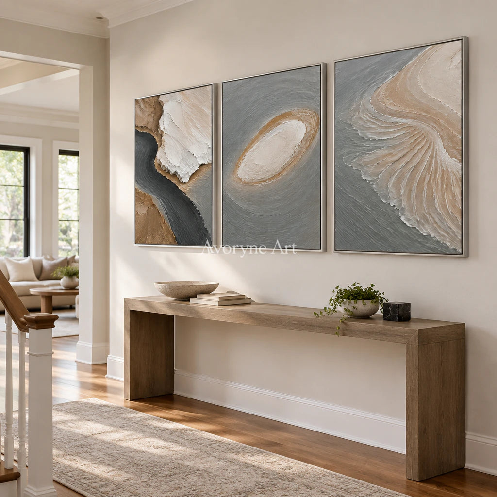 Coastal Fragments: Gray Shore Triptych Wall Art — entry silver